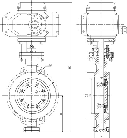 D973H三偏心硬密封電動蝶閥PN10~PN16主要外形連接尺寸圖
